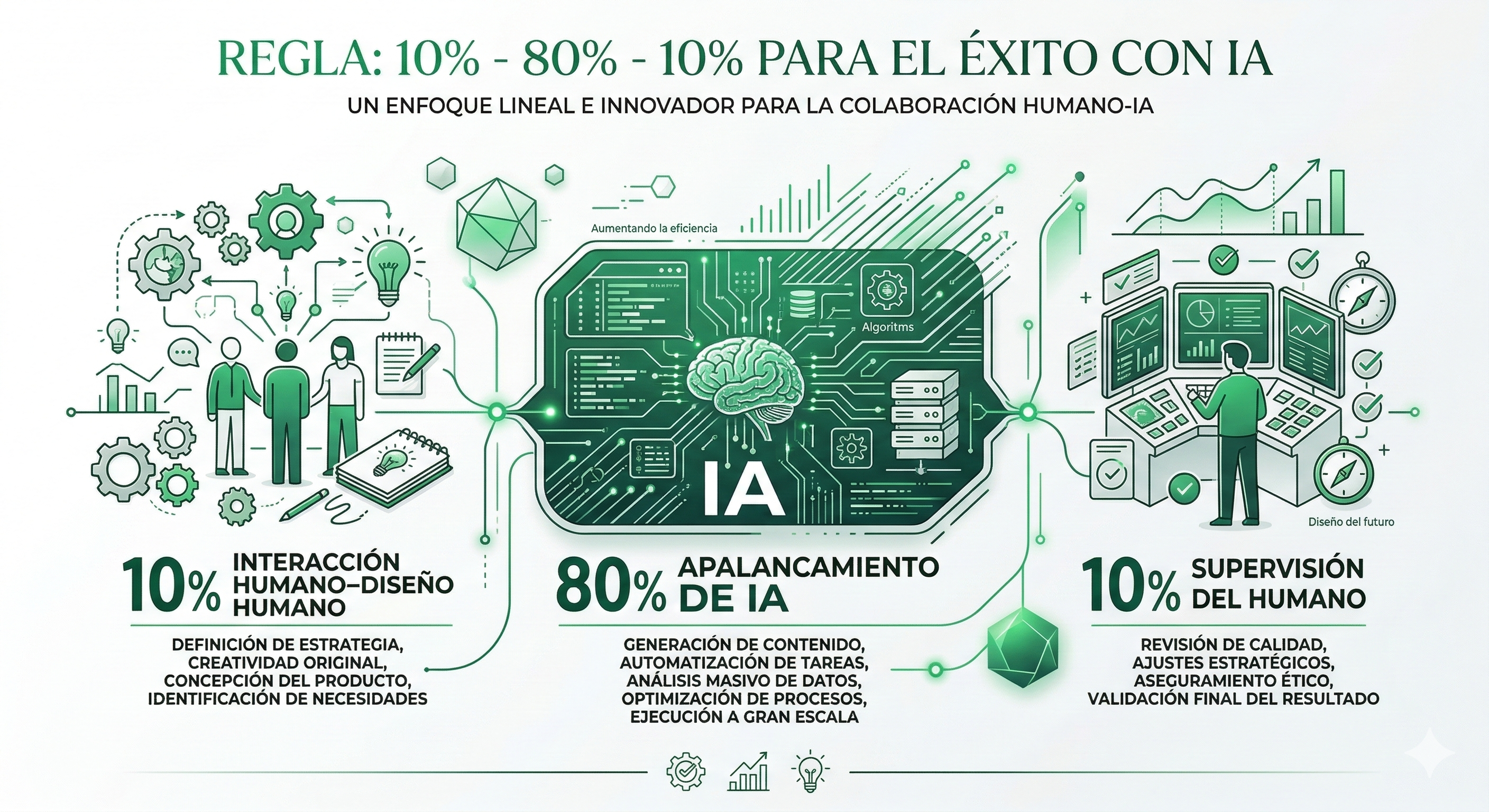 Regla 10-80-10: 10% Interacción Humano-Diseño Humano, 80% Apalancamiento de IA, 10% Supervisión del Humano